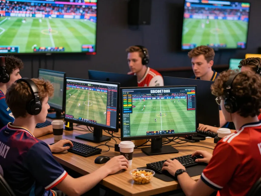 SBOBET88 live sports betting scene with diverse group analyzing odds and stats, creating an engaging atmosphere.