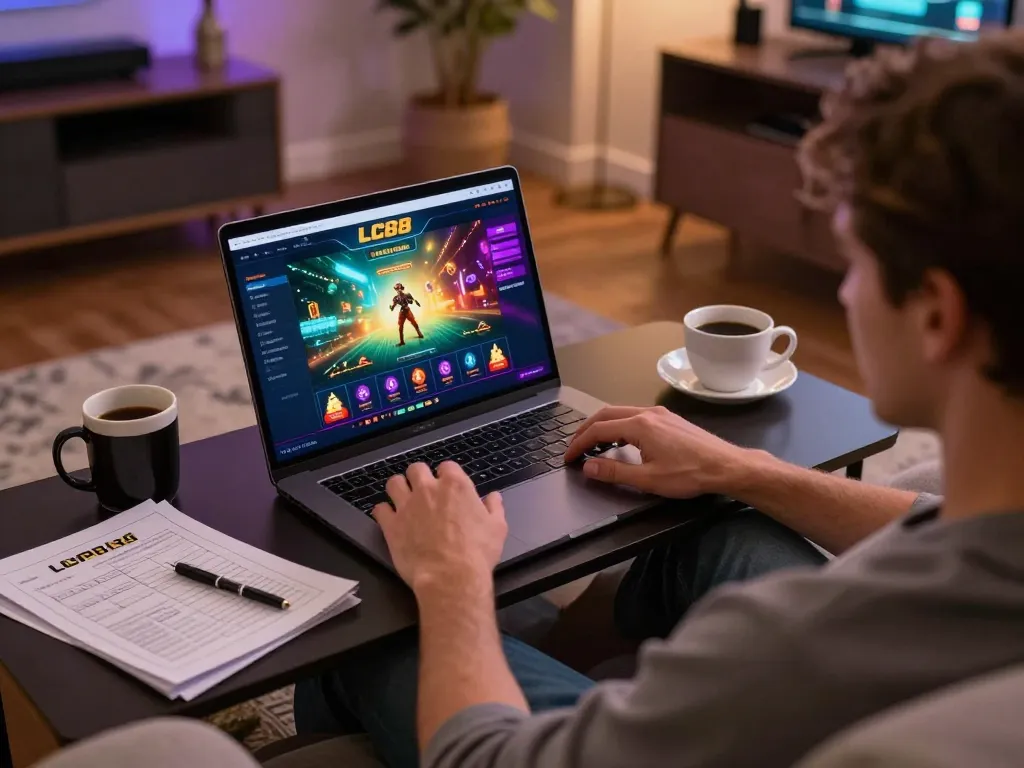 Player enjoying an online casino experience on LC88, showcasing a laptop with engaging games and strategy notes.