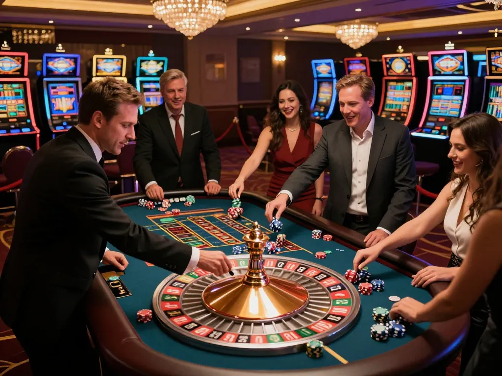 Engaged players at a casino go8 roulette table celebrating a spinning win with enthusiastic reactions and colorful chips