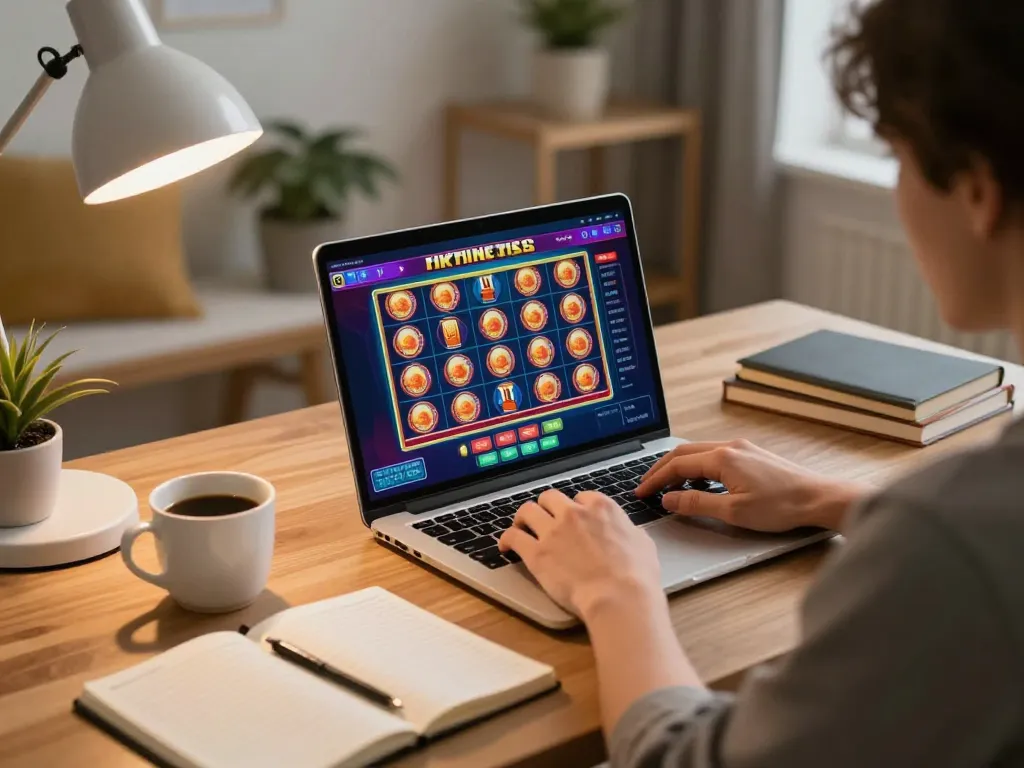 Engaged player using j188 online casino app for slot games from a cozy home office