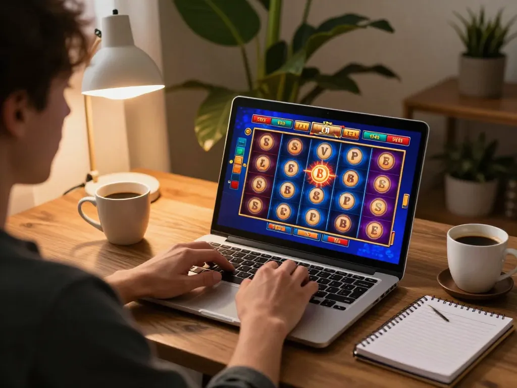 G28 player enjoying online slots at cozy home setup, highlighting relaxed gaming experience.