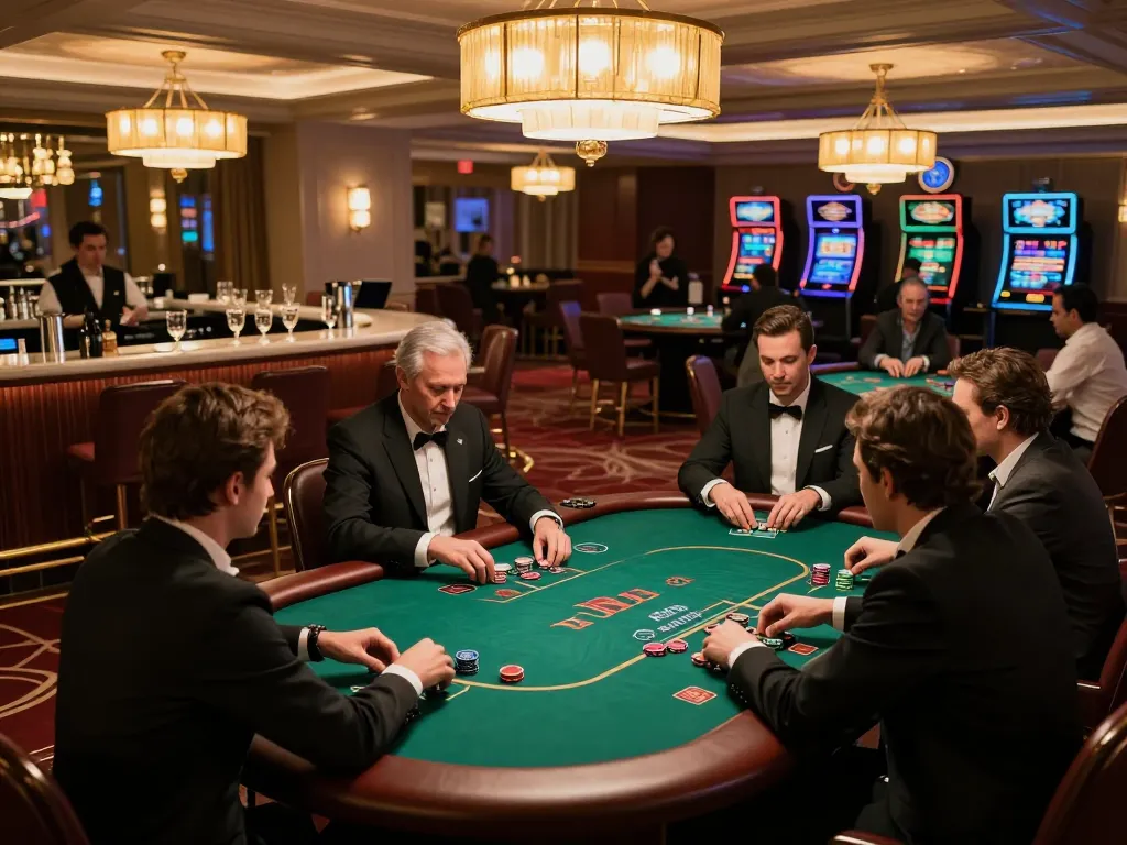 vt88 players strategizing at a luxurious poker table in a high-end casino