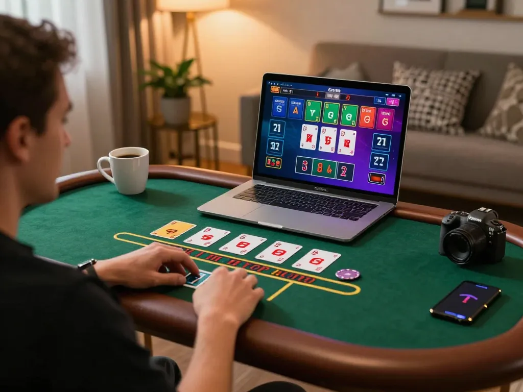 Player engaging in a live dealer blackjack game on oxbet online casino system, cozy gaming environment and vibrant screen display.