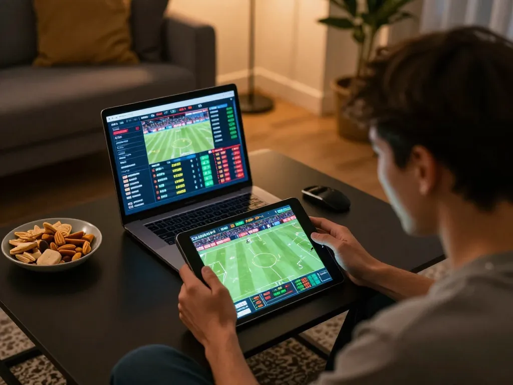Placing sports bets at home on sky88 with tablet, showcasing live betting excitement and strategies