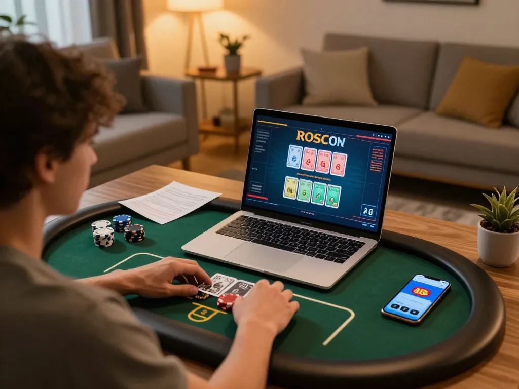 Person strategizing in an online poker game on lc 88, with betting notes and smartphone visible.
