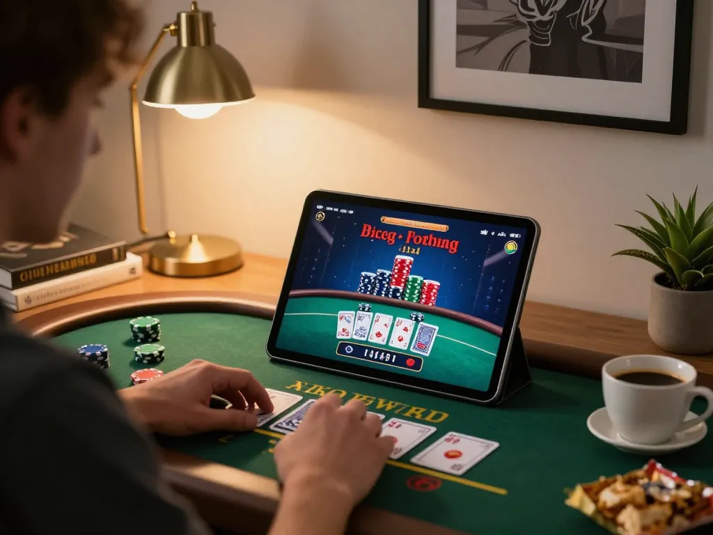 Player engaging in an online blackjack game using lc88 app on tablet, cozy home atmosphere with ambient lighting