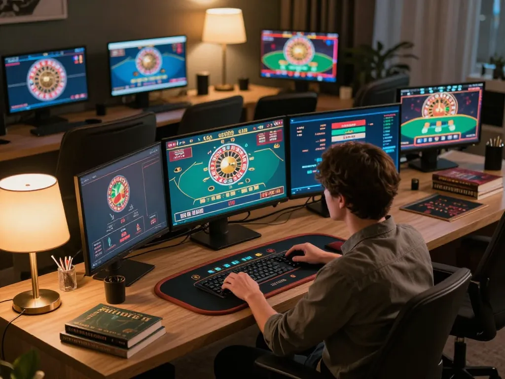 Player strategizing online betting at home with s666 casino games on multiple screens