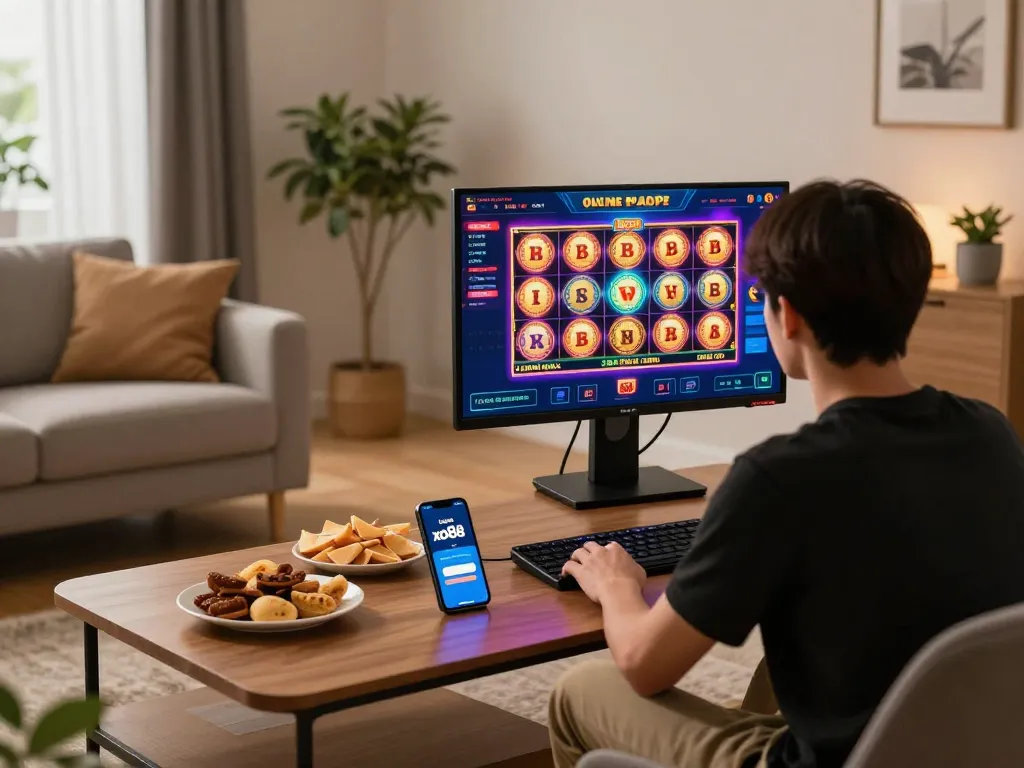 Player enjoying online casino gaming with link xo88 interface visible on screen, creating a cozy home atmosphere.
