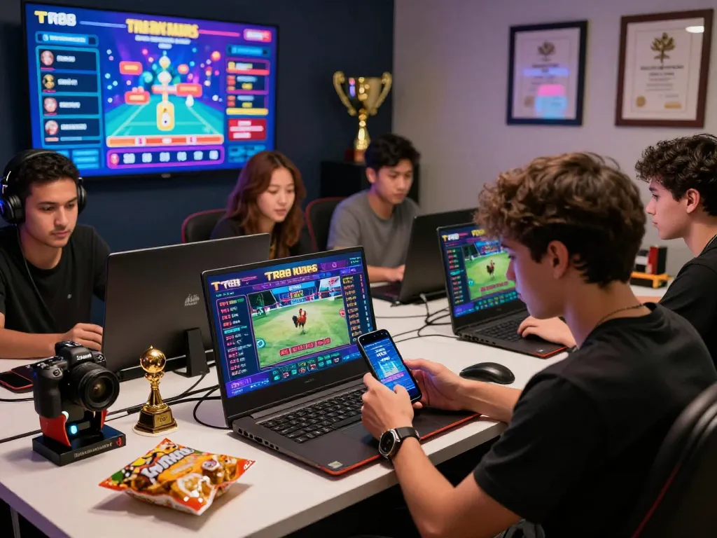 TR88 online betting players engaging with various devices, showcasing an exciting gaming atmosphere.