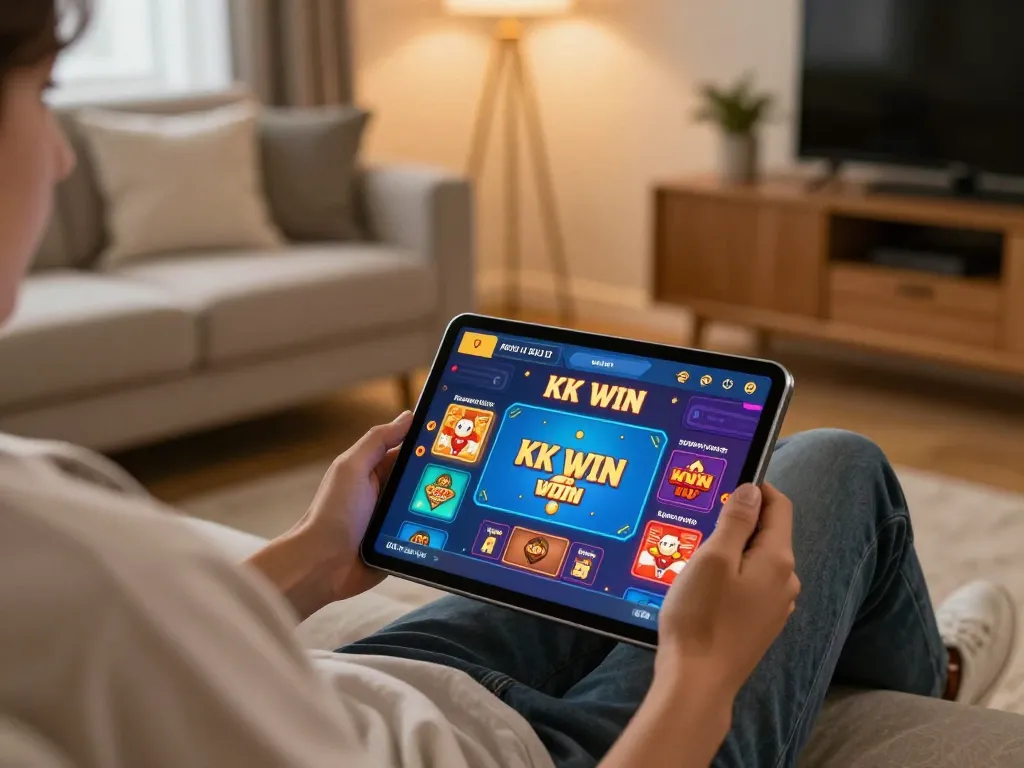 Engaged player enjoying KK WIN games on tablet in a cozy home setting
