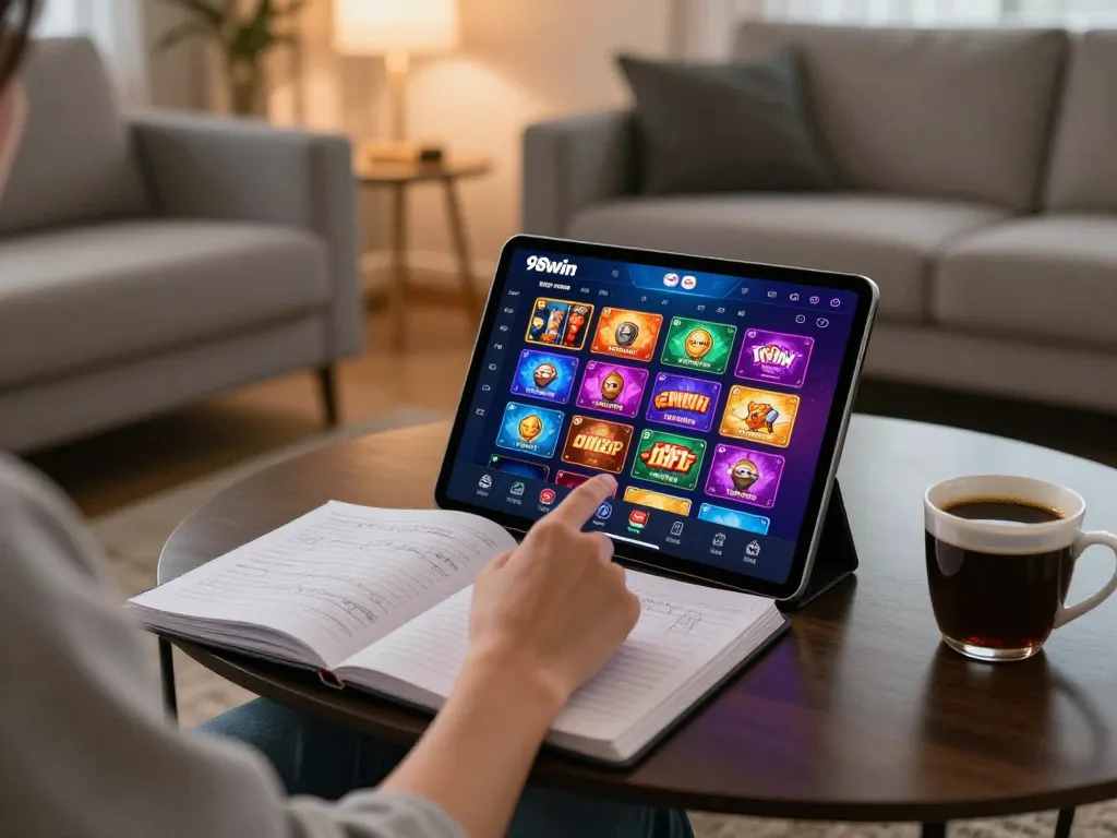 Engaging with 98win com casino app on a tablet, showcasing a strategic gaming setup