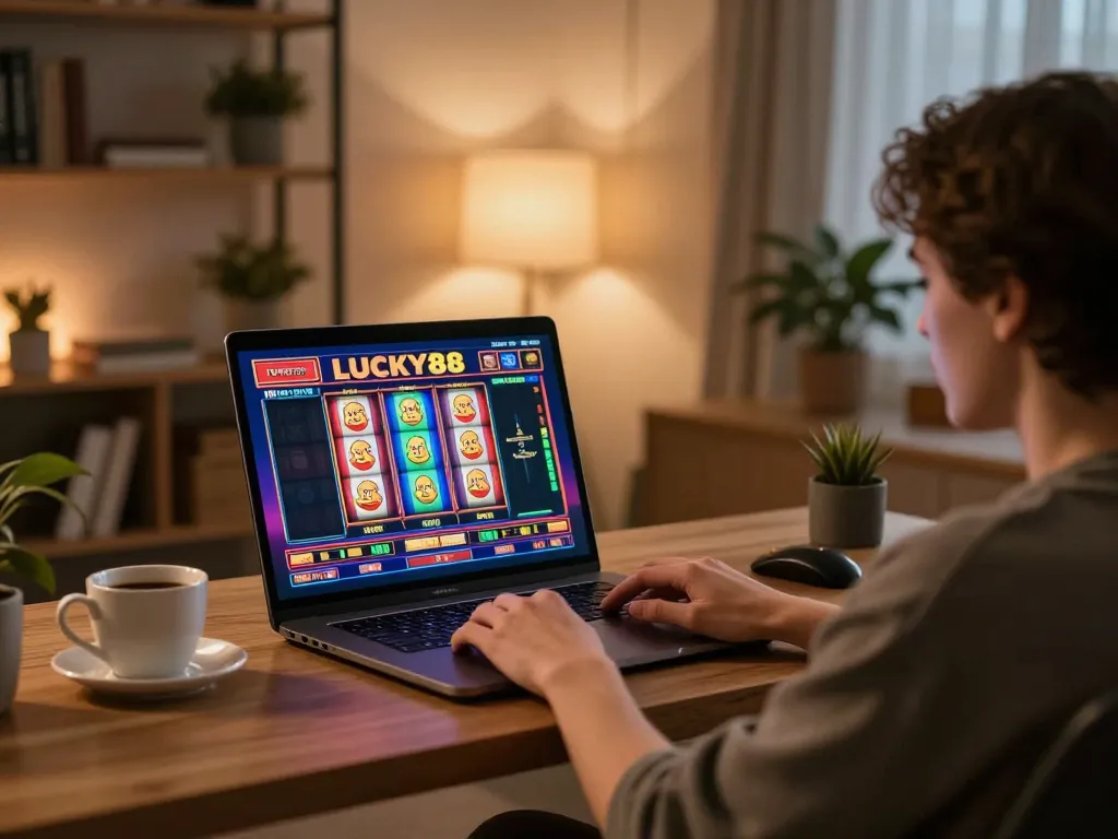 Engaged player exploring LUCKY88's online gaming interface in a cozy home environment