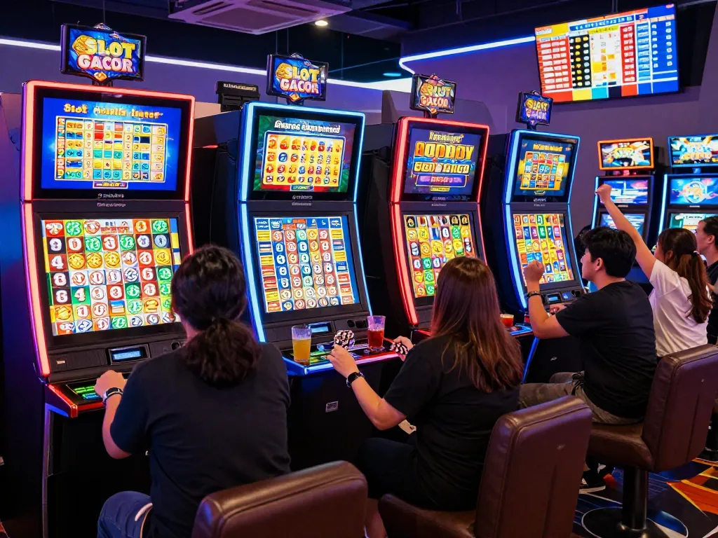Exciting Slot Gacor gaming scene with players celebrating wins in a vibrant casino atmosphere.