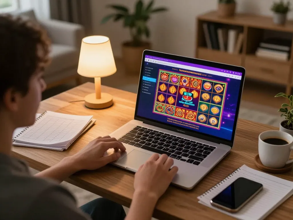 Engaged player experiencing torxentertainment online casino gaming at home with laptop and strategy notes