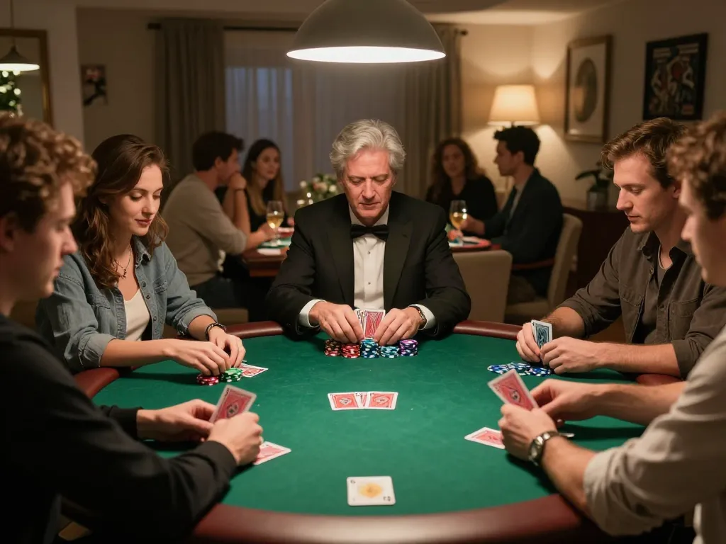 Strategizing poker moves with friends at home, engaging with OPEN88 gaming.