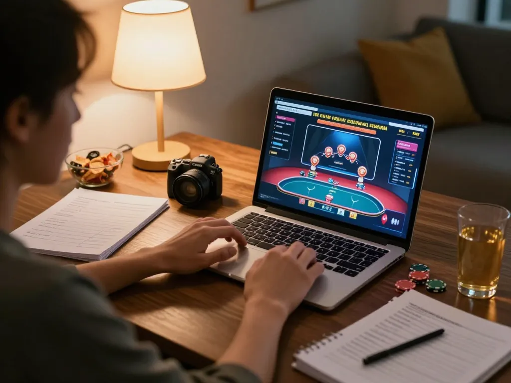 Player engaging in online poker gaming on FIVE88 with live dealer interface at home