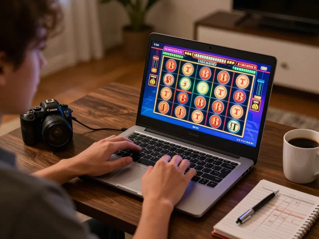 Person playing fun79 top online slots on laptop, capturing an engaging home gaming atmosphere.