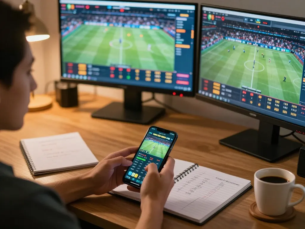 Engaging sports betting scene showing Kèo nhà cái on smartphone with live updates and strategy notes.