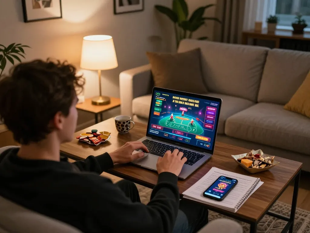 Engaged player enjoying lc88 online casino games in a cozy home setup, with strategy notes visible.