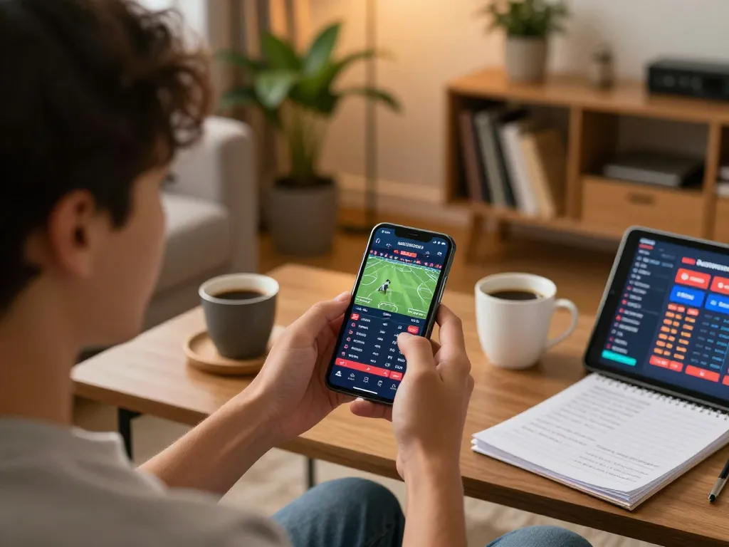 Player engaging in sports betting with VA88 app on smartphone in a cozy living room