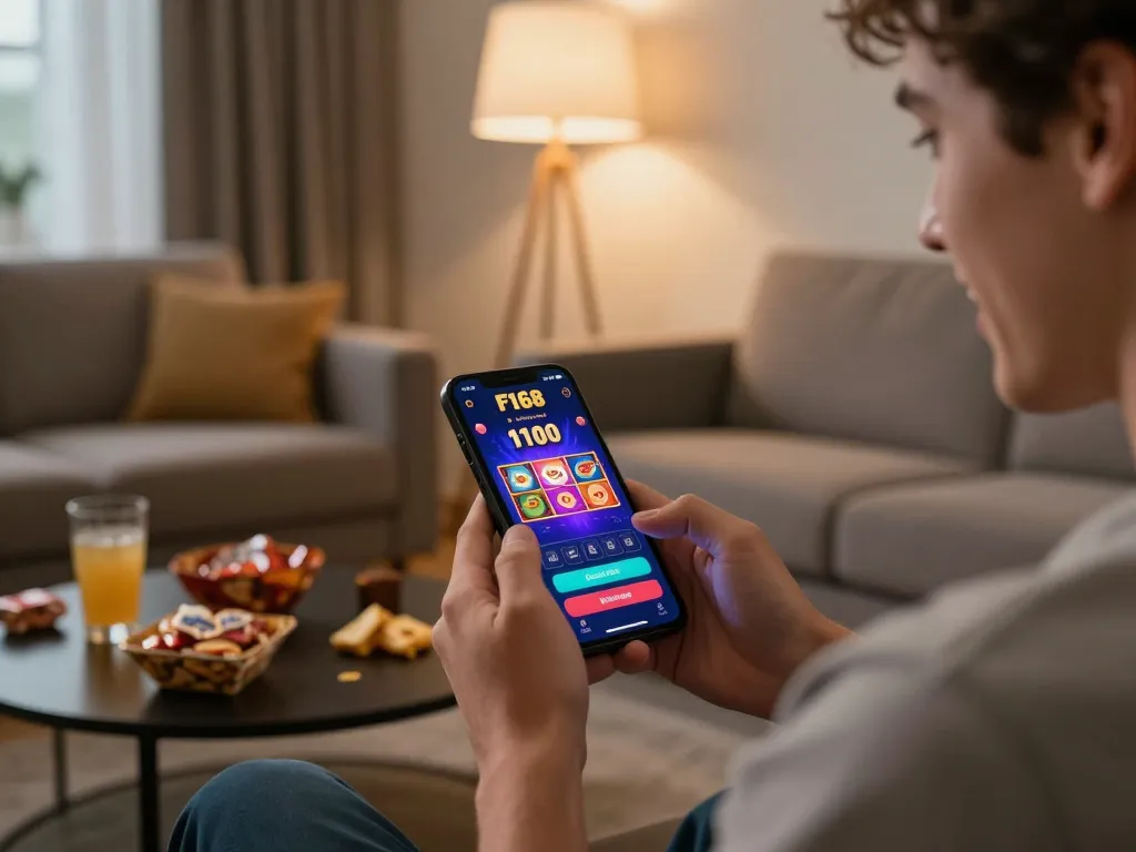 Player engaging with F168 casino app on smartphone in a cozy living room setting while enjoying snacks.