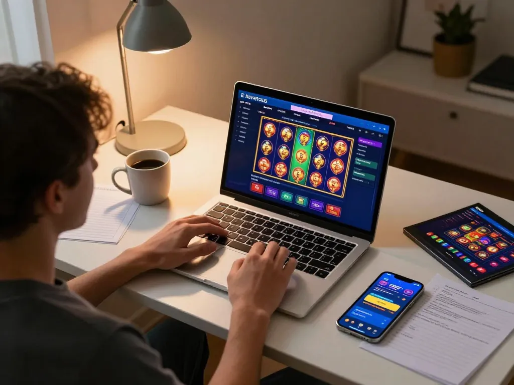 Player engaging with rusuntogel's online slot games in a cozy home setting, showcasing a modern gaming setup.