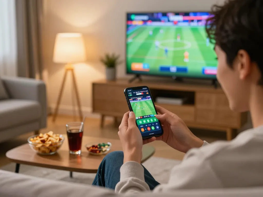 Person betting on TV88 app in cozy living room, excitement visible.