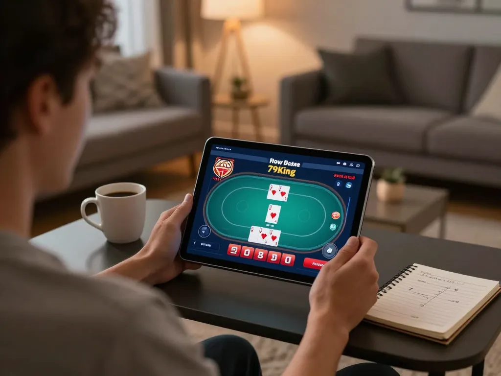 Experience thrilling gameplay on 79king with strategic poker bets displayed on a tablet.