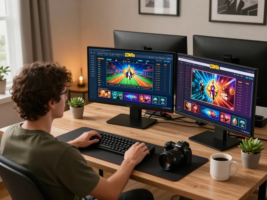 Player engaging with the dynamic 23Win online casino interface on a stylish gaming setup.