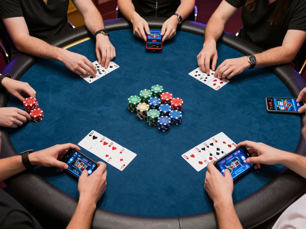 Players engage in strategic online poker gameplay on FABET platform with colorful chips and cards