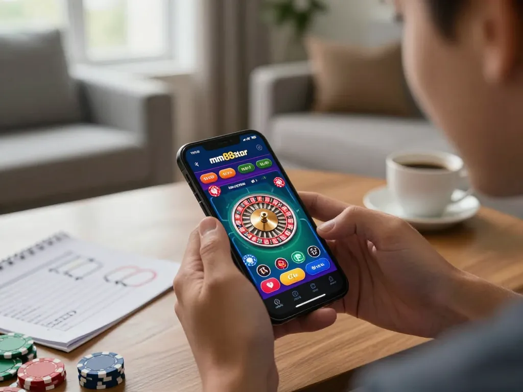 Player engages with mm88star's app during a cozy home gaming session, enjoying exciting casino features.