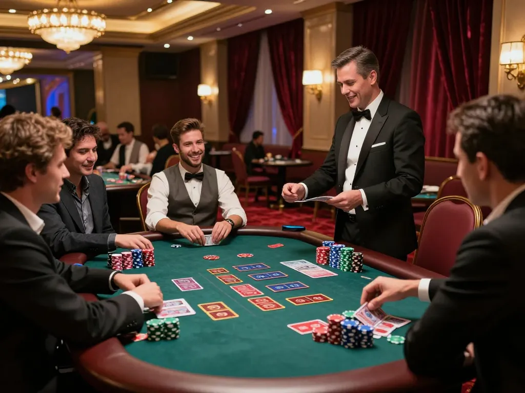 Players engaged at a blackjack table showcasing Nhà cái uy tín with excitement and winning moments in a luxurious casino.