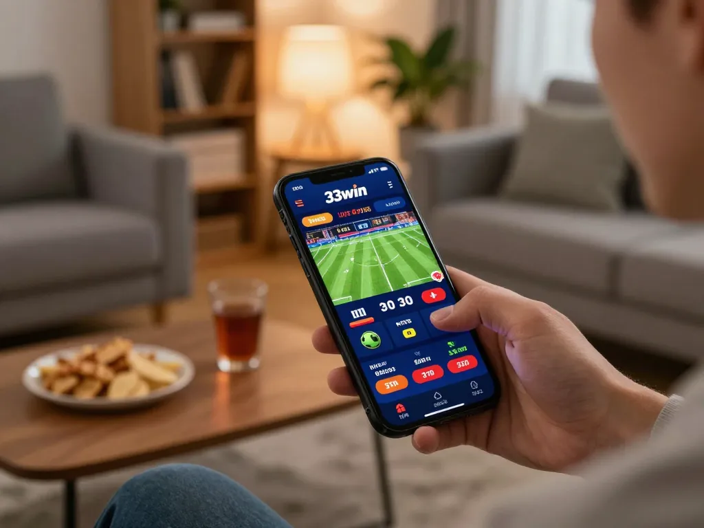 Engaging in mobile sports betting on 33win app, showcasing dynamic odds and comfortable home atmosphere.