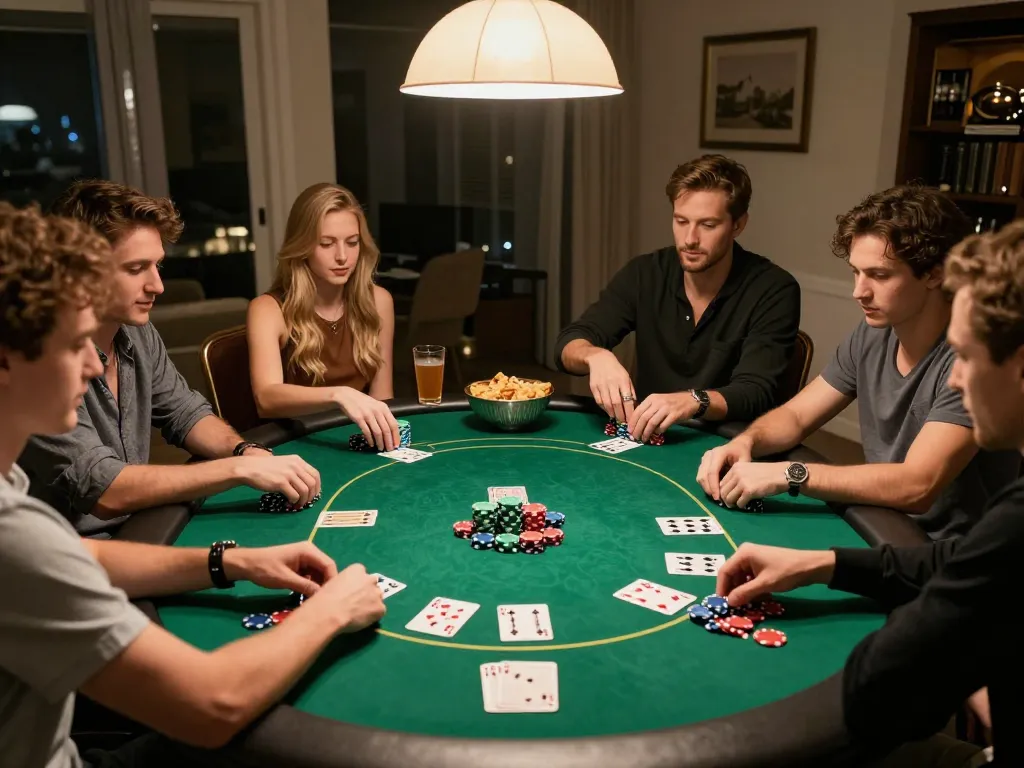 Engaging home poker night with friends playing around the table, showcasing strategic gameplay with DA88 poker chips visible