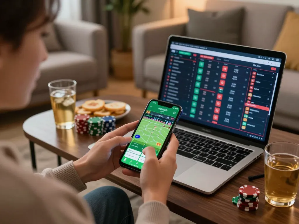 Engaging with kèo nhà cái via live sports betting app in a cozy home setup.