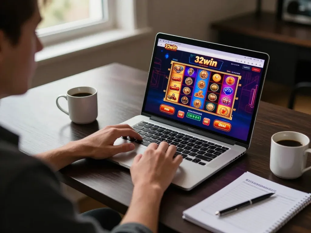 Engaged player exploring games on 32win online casino platform with a laptop