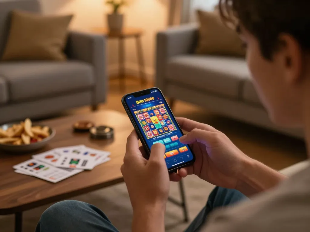 Engaging in mobile gaming for slot depo 10000 in a cozy home setting