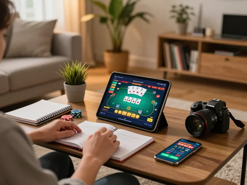 Engaging with online gambling using the link lucky88 on a tablet in a cozy home setting.
