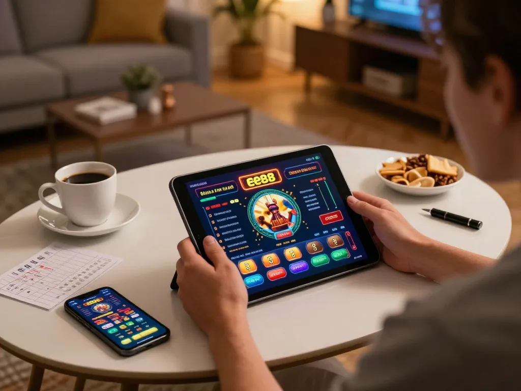 Player engaging in ee88 online casino gaming with tablet at cozy home setup