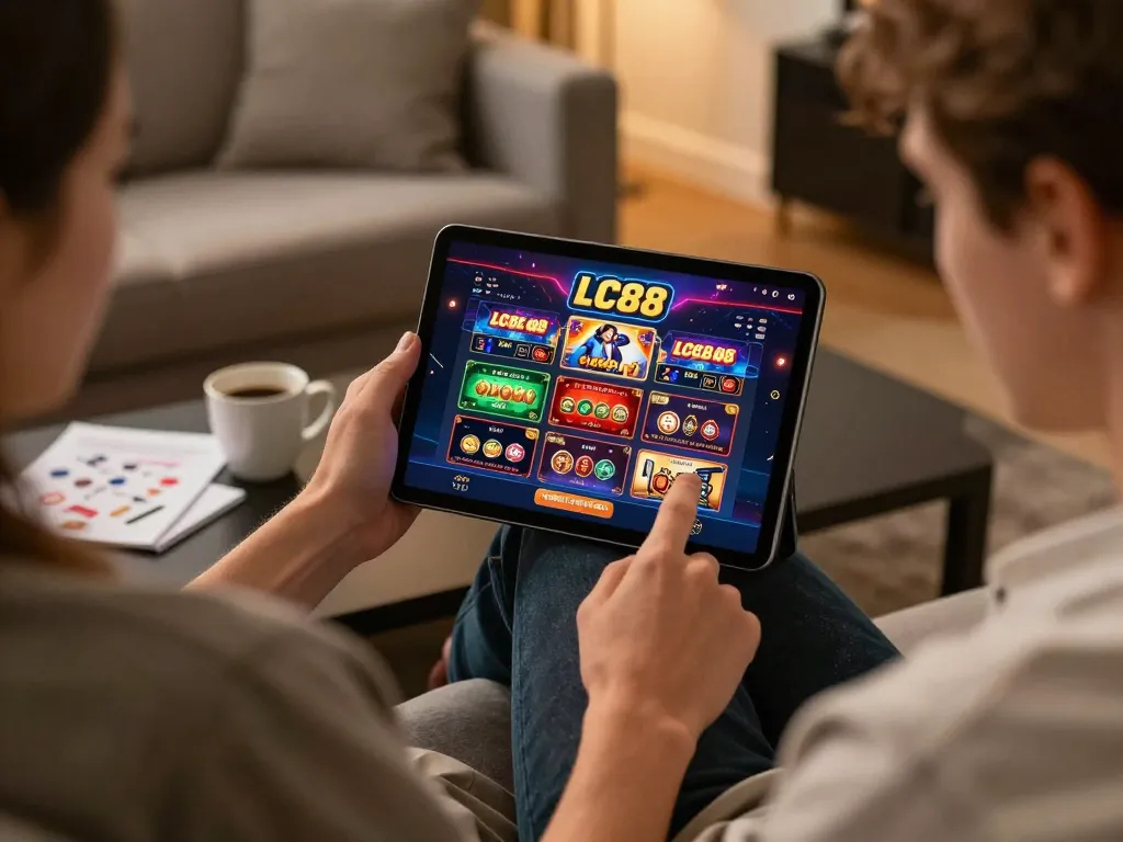 Engaging player enjoying online casino games on LC88 tablet while taking notes.
