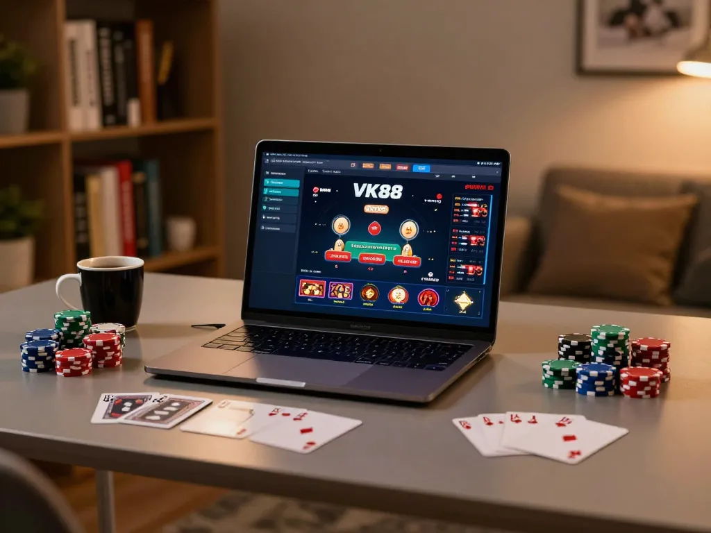 Player engaging with VK88 online casino on a sleek laptop, surrounded by poker chips and gaming accessories.