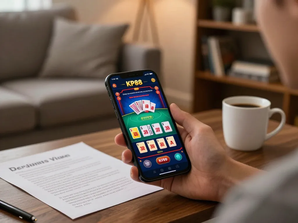 Engaged user playing jkp88 casino app on phone in cozy home setting, showcasing online gambling.