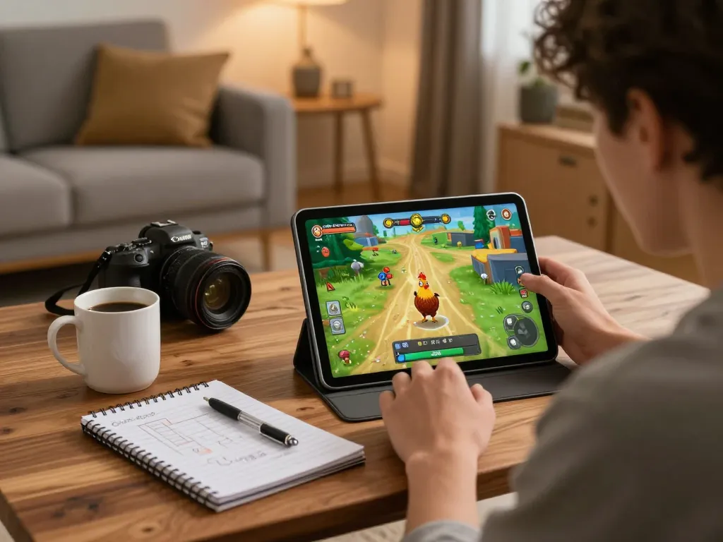 Coinvolgente scena di gioco domestico con le recensioni di Chicken Road visualizzate su un tablet, che mostrano le dinamiche di gioco