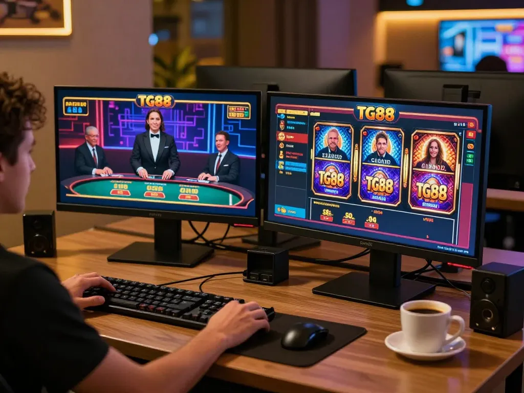 Engaging in TG88 online gaming on dual monitors showcasing live dealer action and slot games.