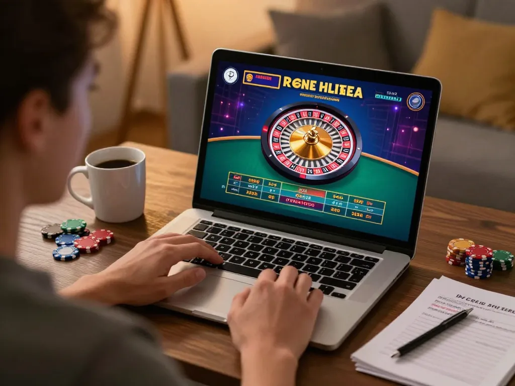 Sky88 player engaging in live dealer roulette at home, emphasizing responsible gaming.
