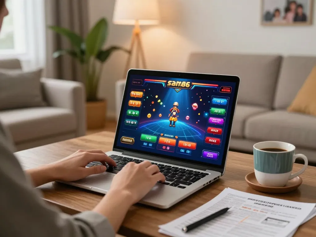 Engaged user playing sam86 online casino game on a laptop with warm, inviting home decor.