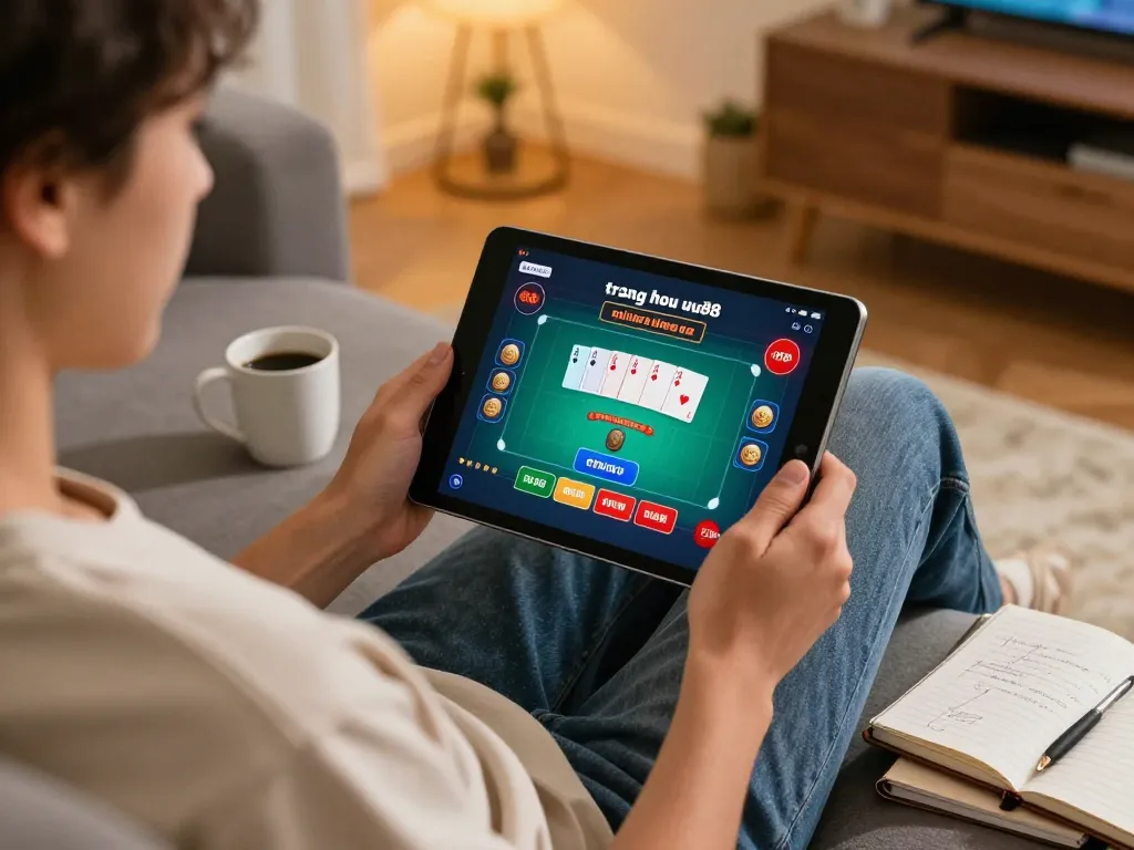 Engaging scene of online casino gameplay at trang chủ uu88, showcasing a player using a tablet for poker with cozy home ambiance.
