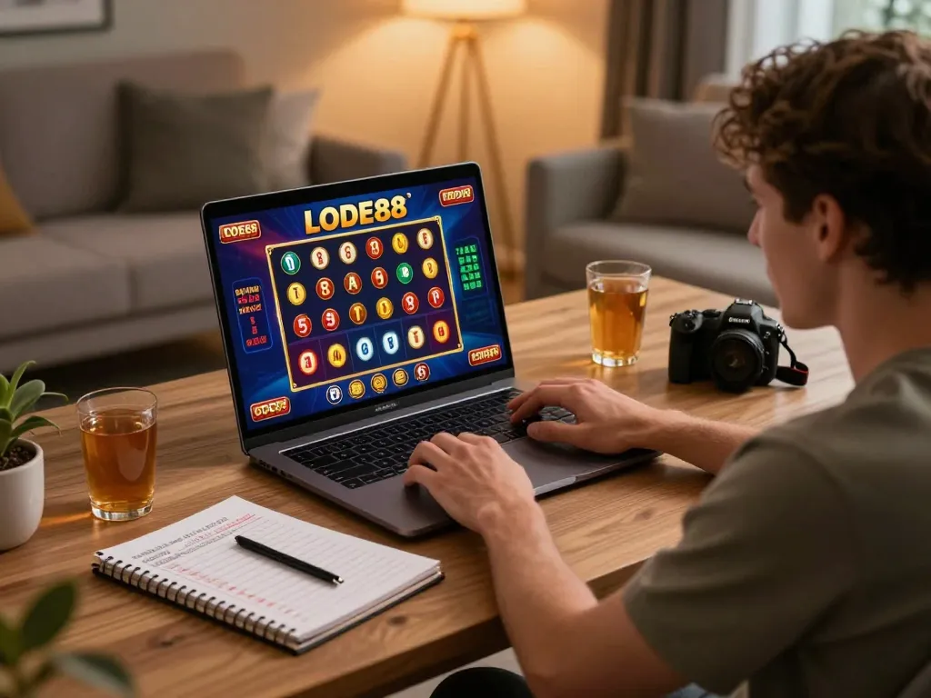 Player engaging with LODE88 platform on laptop, showcasing vibrant online casino experience.