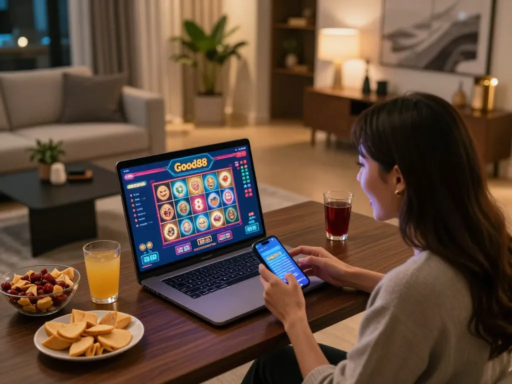 Player enjoying Good88 online casino games at home, showcasing laptop poker interface and mobile bets