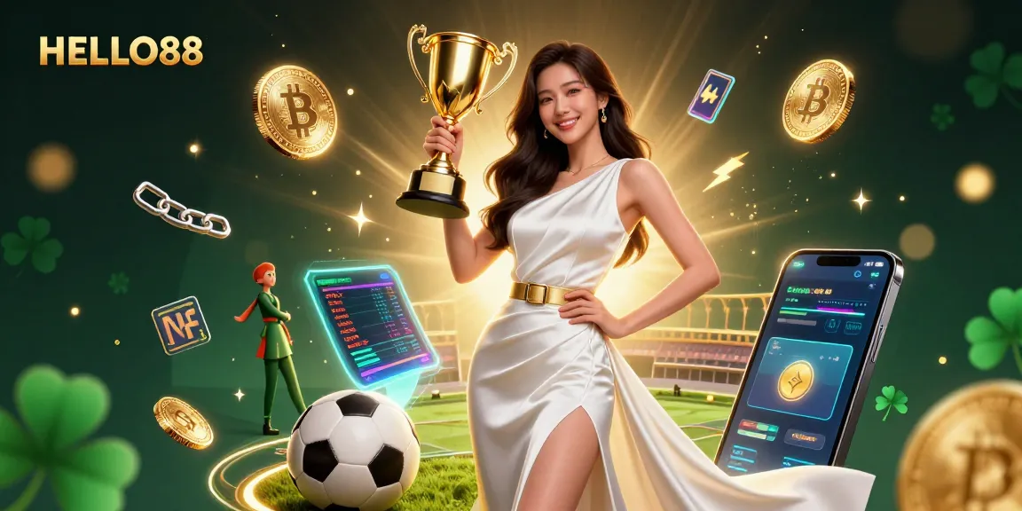 Experience excitement at HELLO88 with a stunning Asian woman holding a trophy amidst vibrant sports betting elements.